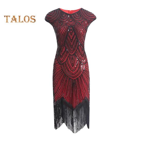 Vestito da sera vintage con paillettes da donna, senza maniche, scollo tondo, chiusura lampo posteriore, orlo con frange, a tubino, vestibilità aderente