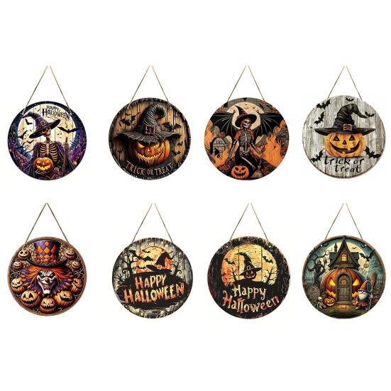 Thanksgiving Yard Display Halloween Wooden Sign,Round Hanging Pendant with Lanyard, Retro Distressed Holiday Home Ornament Wood Skeleton/Pumpkin/Clown