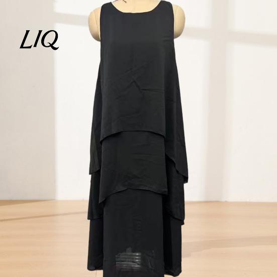 Fat Hiding Loose Dress Women's Flowy Chiffon Dress, Sleeveless Crew Neck Asymmetrical Hem Plus Size Holiday Long Summer Layered Cocktail Wedding Guest