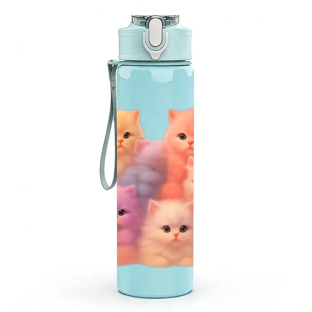 1PC Fluffy Stacked Kitten Group 750ml Color Plastic Sports Water Bottle Leakproof Flip Straw Lid Suitable for Sports Office Home Use