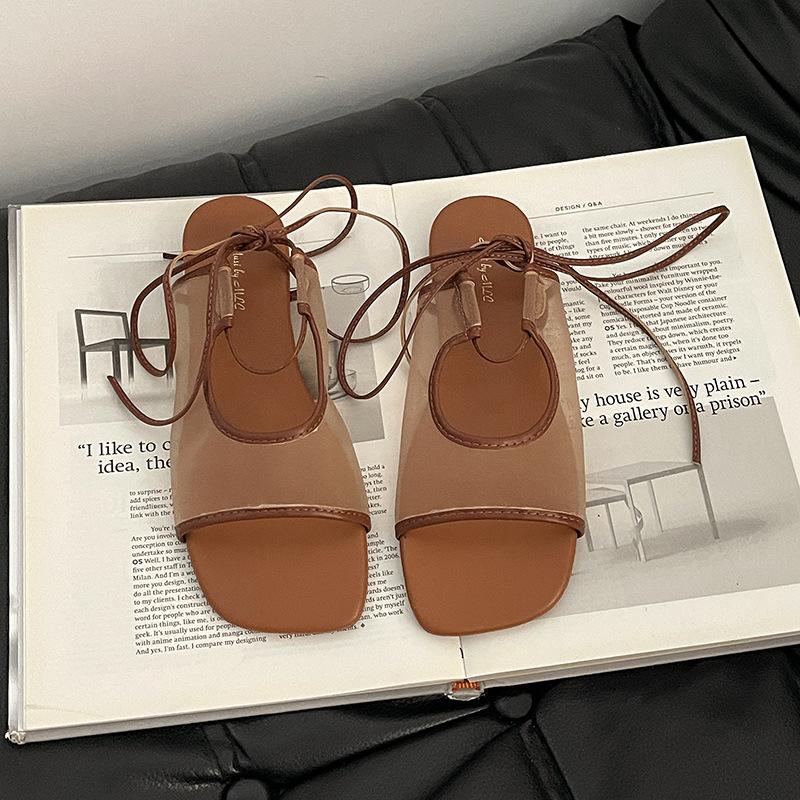 

Fashion retro niche design breathable mesh flat-bottomed sandals women s summer new outer wear lace-up beach shoes 40 коричневый