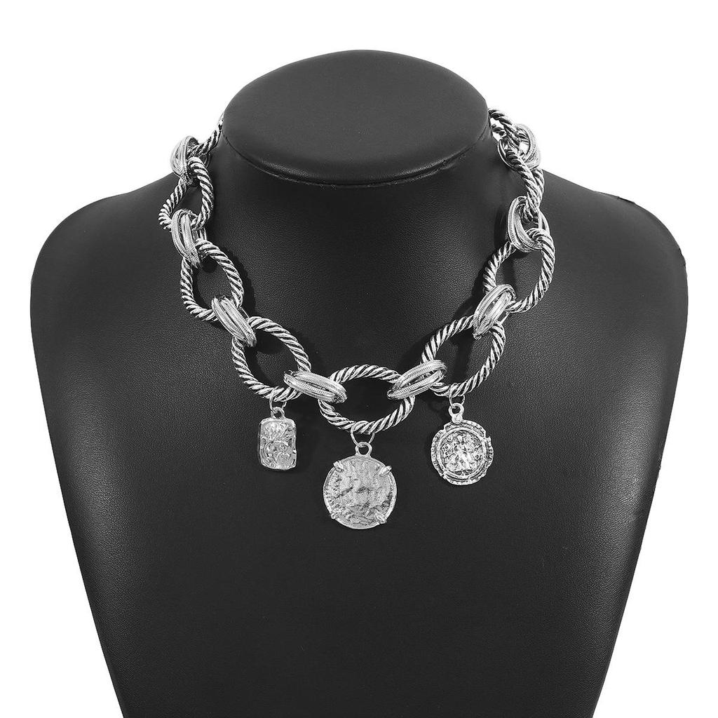 European & American Style Braided Chain Necklace with Coin Alloy Pendant