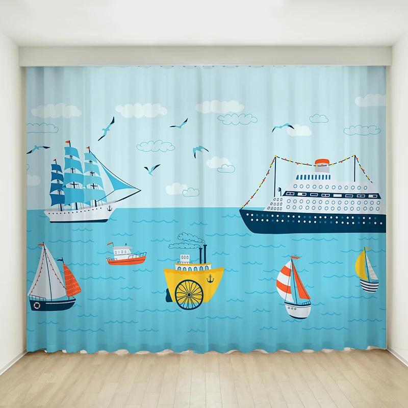 Fashion Modern Simple Cartoon Sailboat Ocean Boy Children's Bedroom Thin Curtain 2 Pieces Grommet Top Hook High Shading New