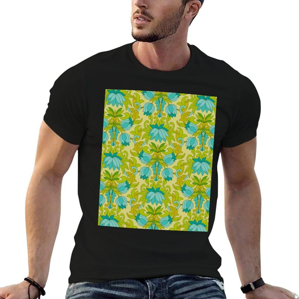 Turquoise And Green Leaves 1960s Retro Vintage Pattern Tshirt T Shirts For Unisex Pack White T Shirts Designer Tshirt