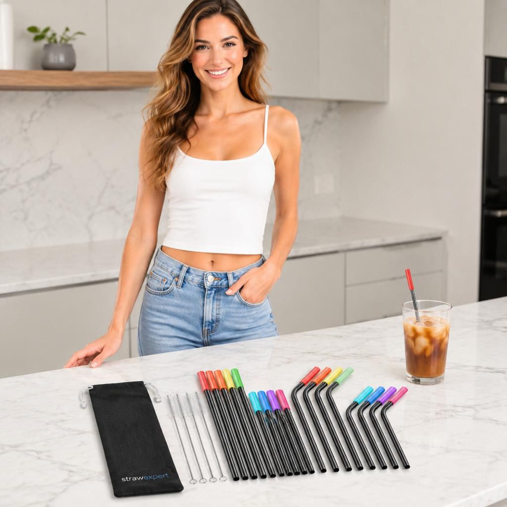 21 Piece Stainless Steel Straw Set with Silicone Tips and Cleaning Brushes Reusable Metal Straws for Cold and Hot Beverages Includes Carrying Pouch