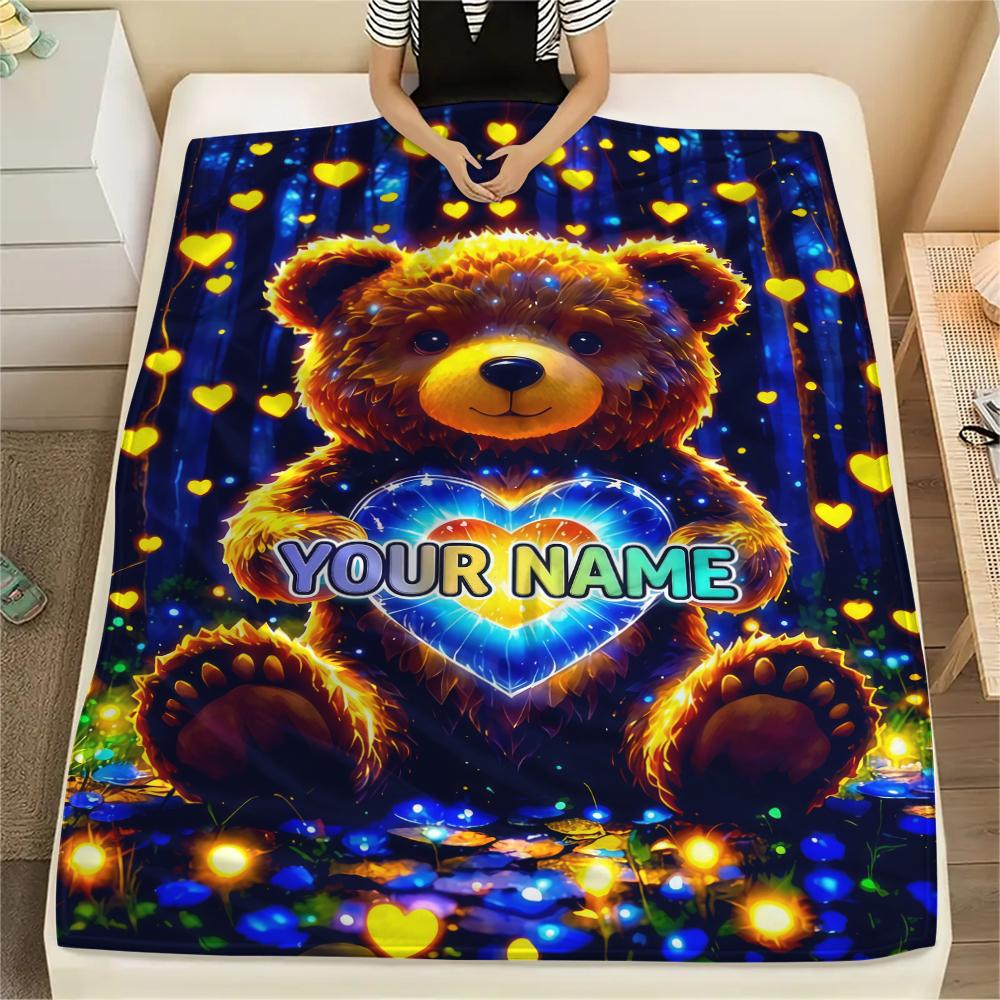 1PC Custom Name Forest Bear Heart Patterned Flannel Blanket Suitable For All Seasons for Home Decor Warmth and Comfort Gifts Holiday Present_lx