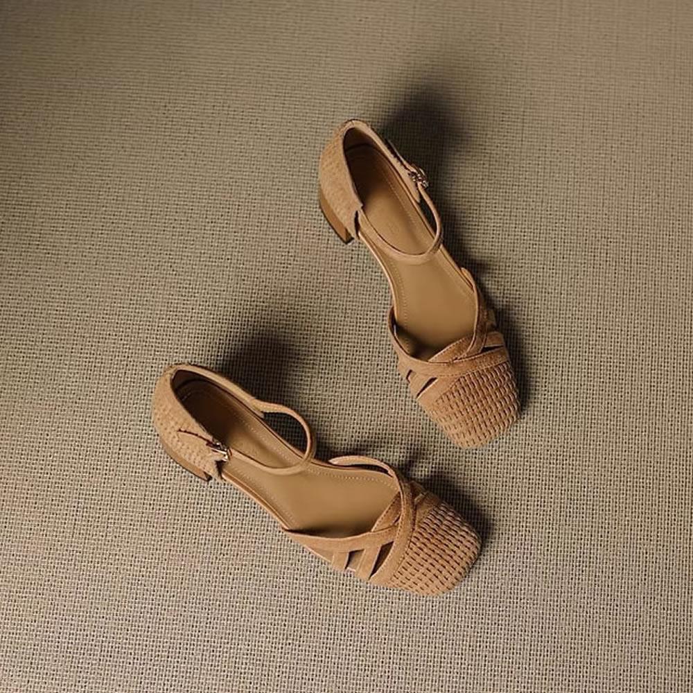Retro Weave High Heel Sandals Women 2025 Summer Square Toe Ankle Strap Beach Shoes Roman Closed Toe Square Heels Casual Shoes