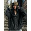 Unisex Retro Washed Black Hoodie: New Autumn Design, Loose Fit, Versatile Cardigan Outerwear.
