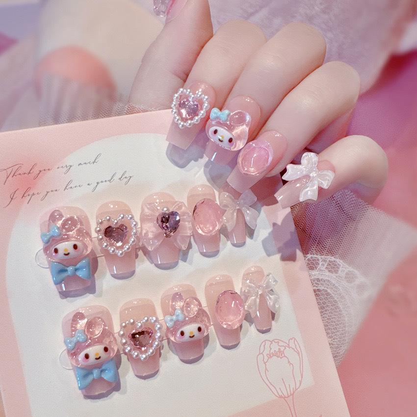 Blush French Cat Eye Princess Bow Nails - Handmade Wearable Nail Art