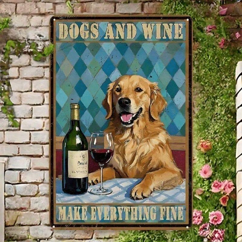 Metal Poster Wall Art Retro Golden Retriever with Wine Glass Bar Garage Decor