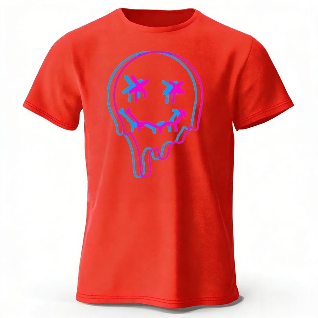 Neon Melting Smiley Face Highquality Pure Cotton Short Sleeved Men Loose Oversized Comfortable Sports Tshirt Street Casual Top