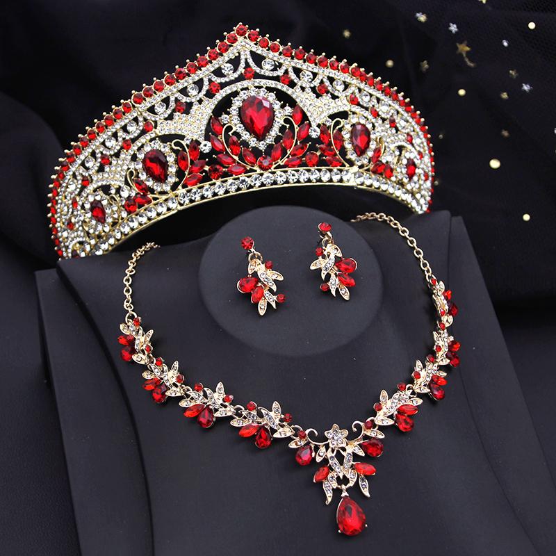 Luxury Bride Crown Jewelry Sets for Women Red Tiaras and Necklace Earrings Set Party Prom Bridal Wedding Jewelry Set Accessory