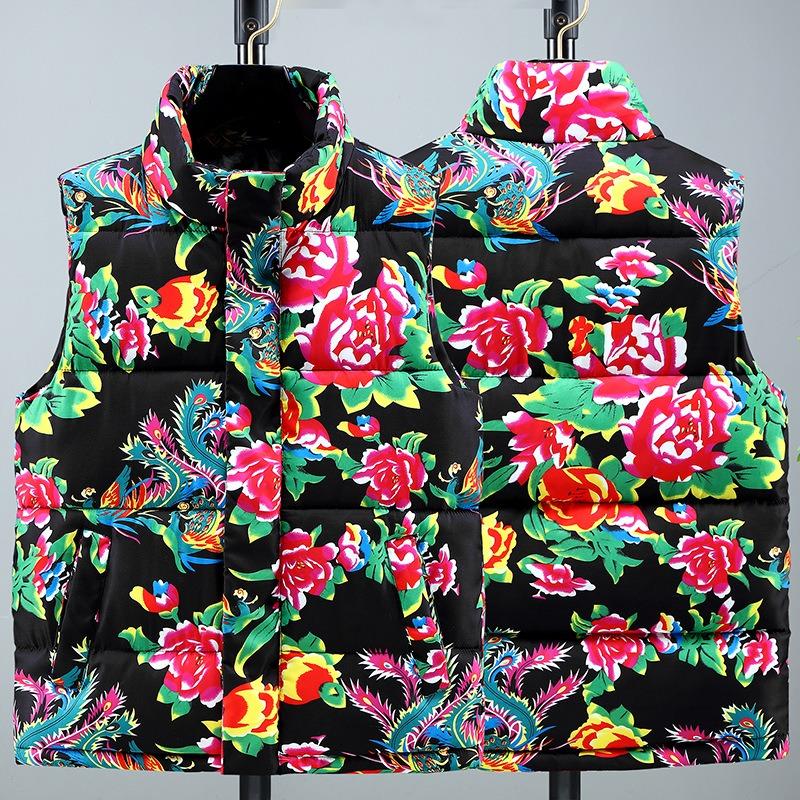 Big flower cotton vest vest vest, medium peony big flower rural flower girl thickened warm coat tide