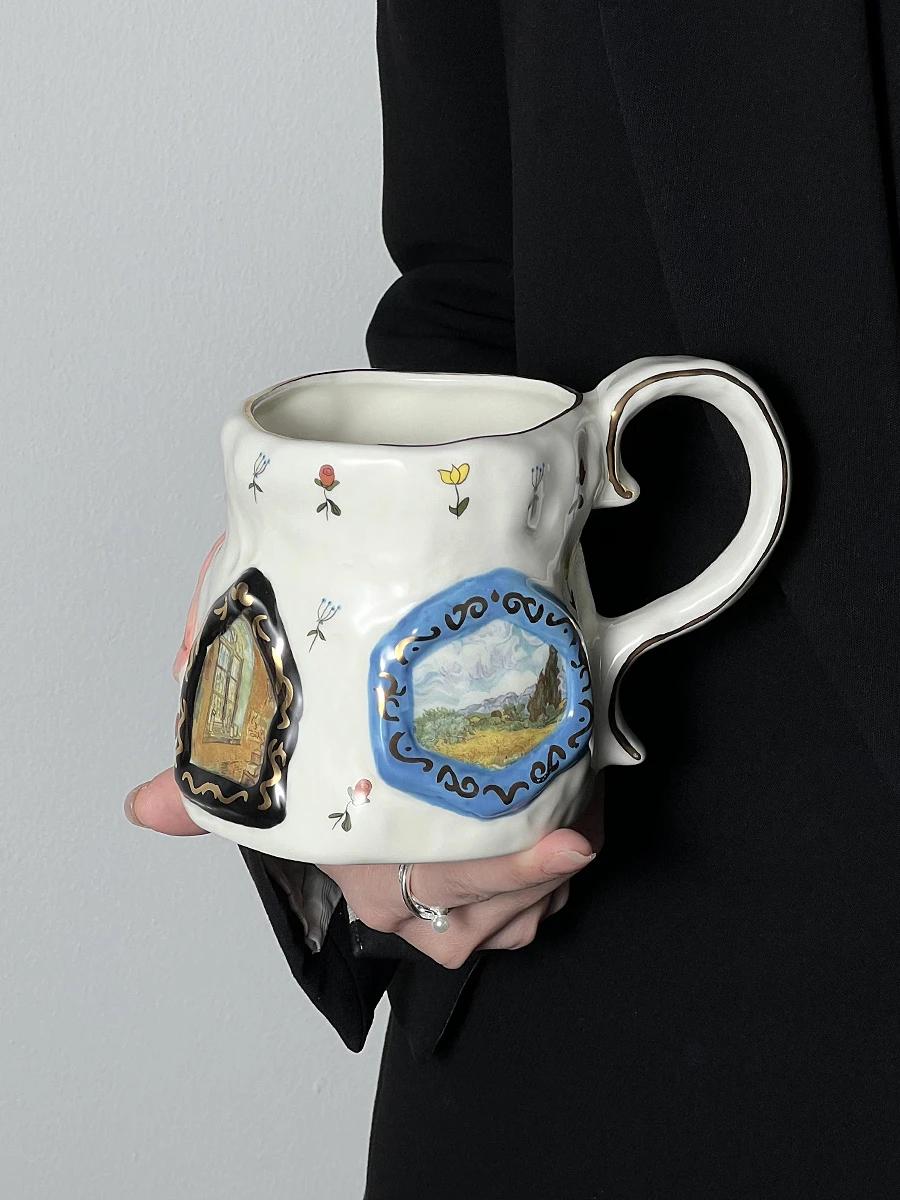 Original Retro Hand-painted Ceramic Mug, Gold Painted Coffee Mugs, Large Capacity Breakfast Milk Cups, Couple Tea Cup Set Gift 501-600ml
