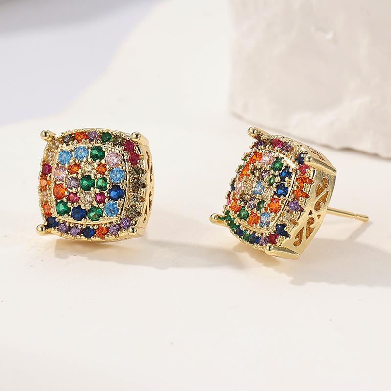 Luxurious Colored Synthetic Zirconia Inlaid Square Stud Earrings Women's Exquisite Elegant Banquet Wedding Jewelry Gifts