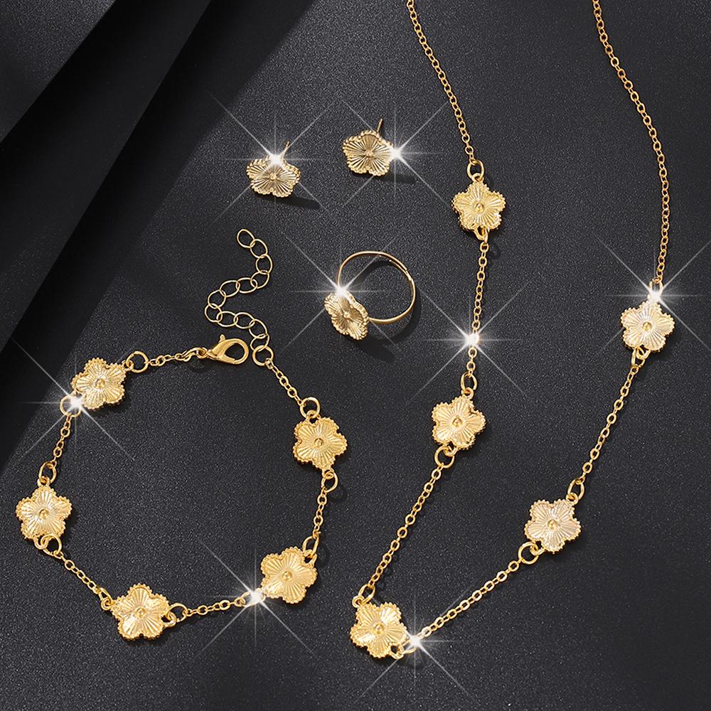 Shining Plum Blossom Plant Five Leaf Flower Plant Jewelry Set Bracelet Necklace Earrings Women's Clover