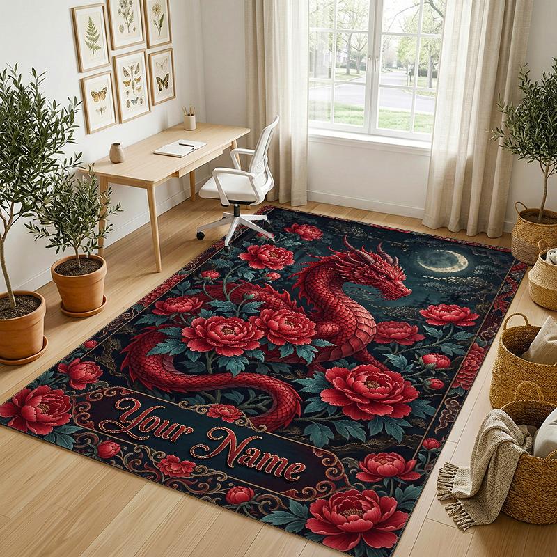 Dragon Phoenix Theme Crystal Velvet Rug Personalized Custom Name Text Soft Floor Mat Home Decor