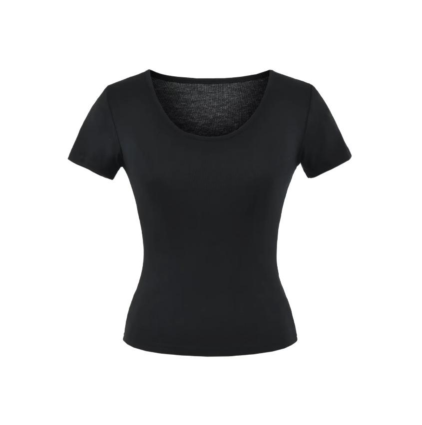 U-neck slim-fit short-sleeved T-shirt women's summer new American Spice Girl solid-color thin slim-fit slim bottom top