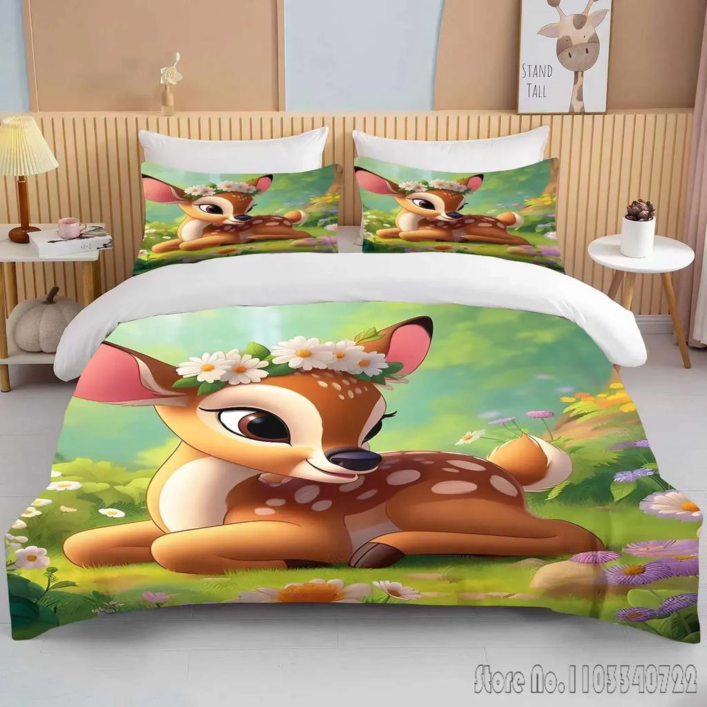 Miękki Zestaw Pościeli z Nadrukiem Bambi Poszwa na Kołdrę Anime Kołdra Dorosły Dzieci Prezent Urodzinowy Pełny Rozmiar King Size Zestaw Pościeli