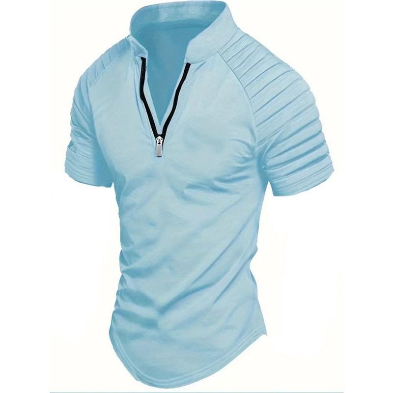 Men's POLO Shirt Spring Sports Solid Color Standing Collar Pleated Zipper Breathable Casual Summer Fashion Top Short Sleeve