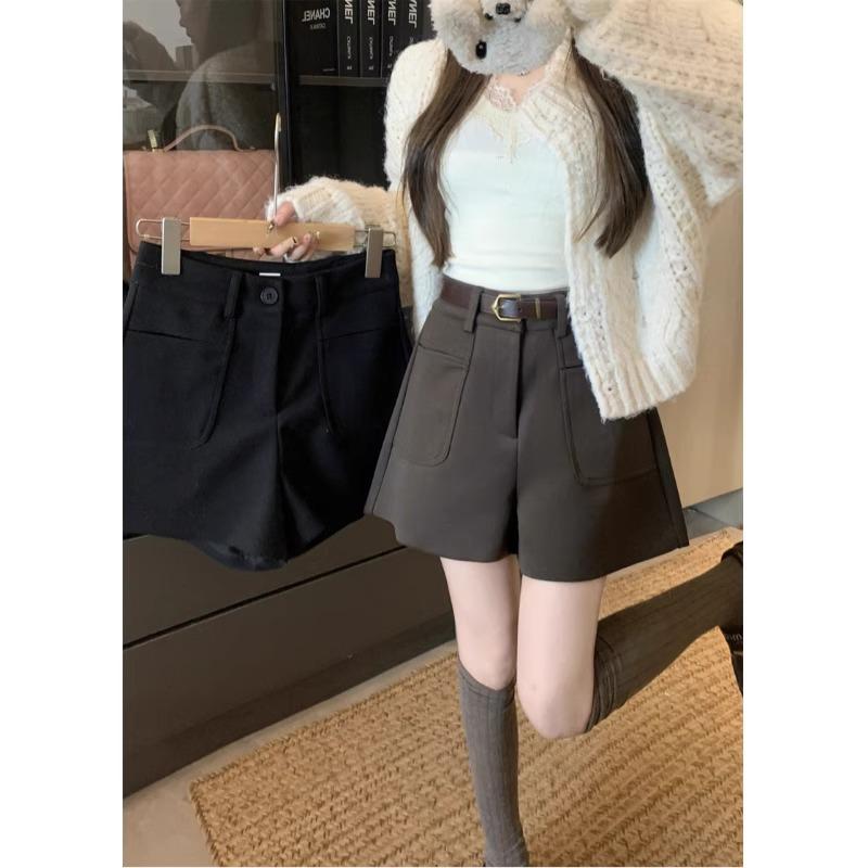

2024 Women s Retro Coffee Wool Shorts: High-Waist, A-Line, Wide-Leg, Casual Winter Pants. 4XL