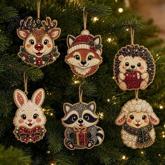 Festive Resin Rhinestone Ornaments 6 Pcs Christmas DIY Faux Pearl Painting Kit Ornaments, Art Seasonal Hanging Decor Tree Decoration with Jute