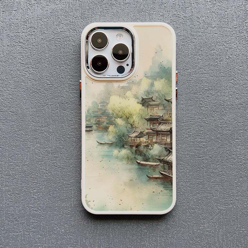 Mountains and Streams Pavilion Ink Brush Painting Phone Case for iPhone 12 13 14 11 Pro Max X XR XS 14 7 8 Plus SE Silicon Cover