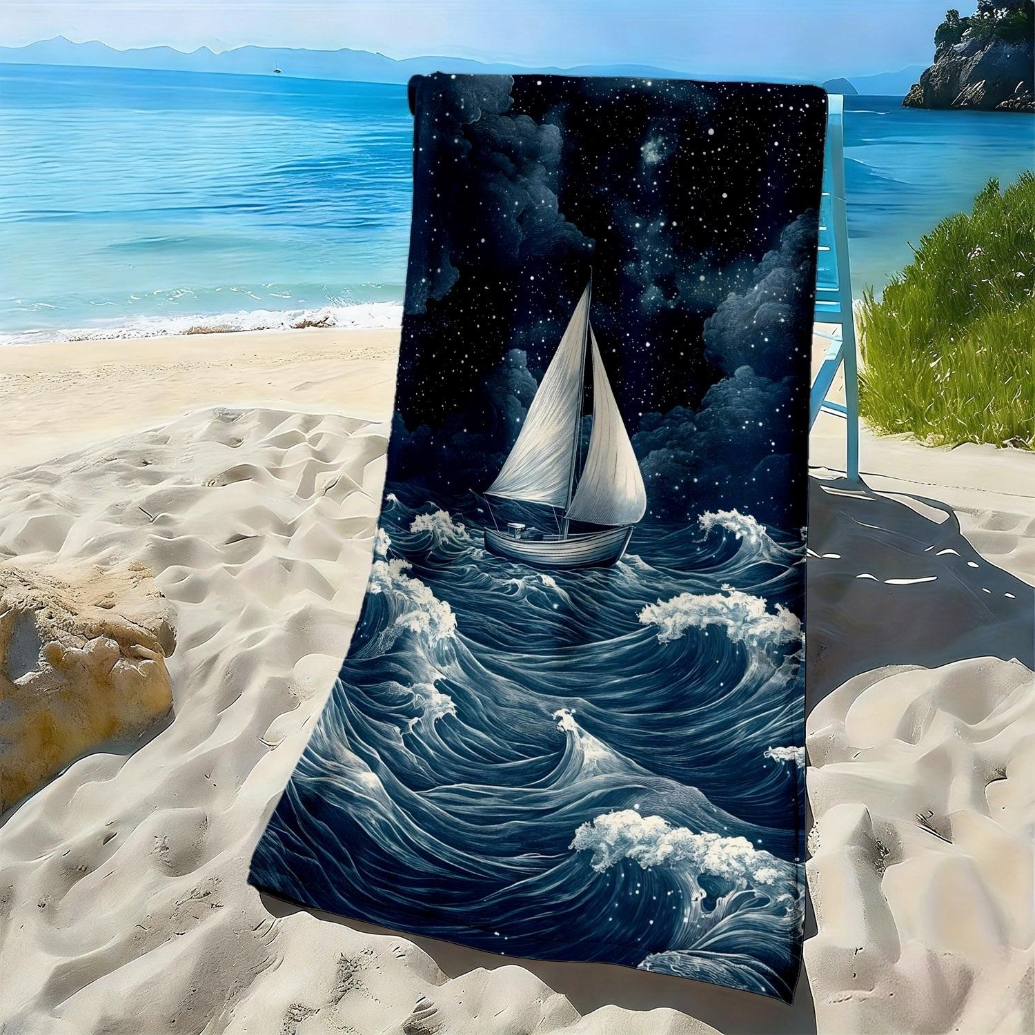 

Sailing boat, starry sky, ocean waves polyester microfiber beach towel is highly absorbent, suitable for swimming beach outings W40*H60(CM)