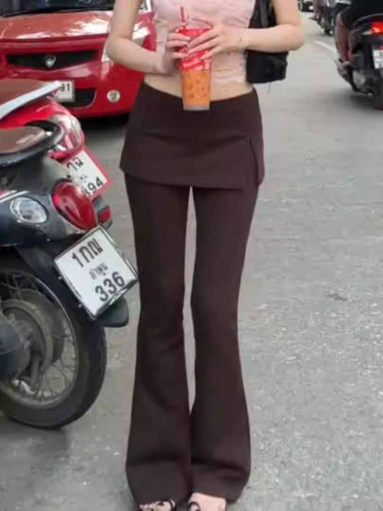 Retro American Two-Piece Slit Flare Skirt Pants - Women's Slimming Elastic Long Pants (Spring 2025)