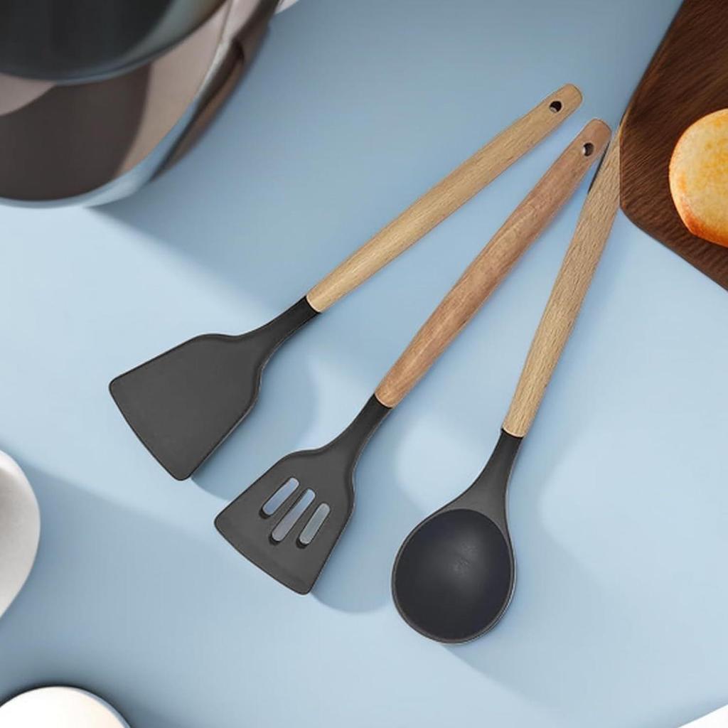 3-Piece Non-Stick Silicone Kitchen Utensils Set With Wooden Handle - Heat Resistant Cooking Spatula Cookware (Black)