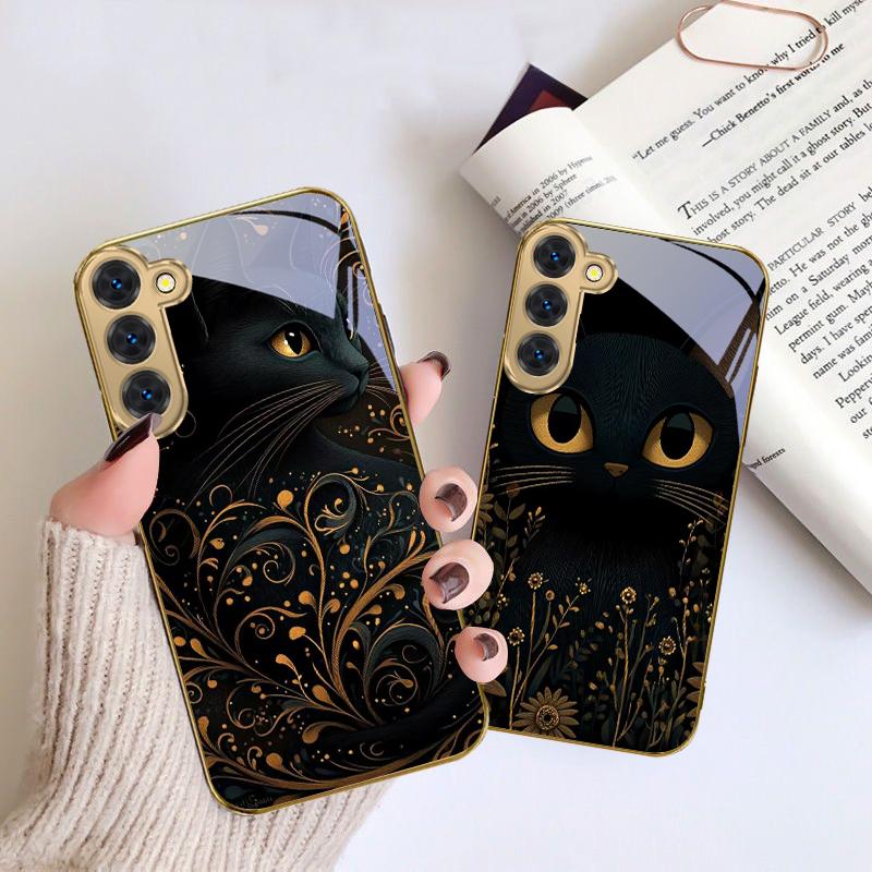 Fantastic Black Cat For Samsung Galaxy S20 FE S21 S22 S23 Plus S24 Ultra S25Ultra S21+ S9+ S22Plus Golden Glass Phone Case
