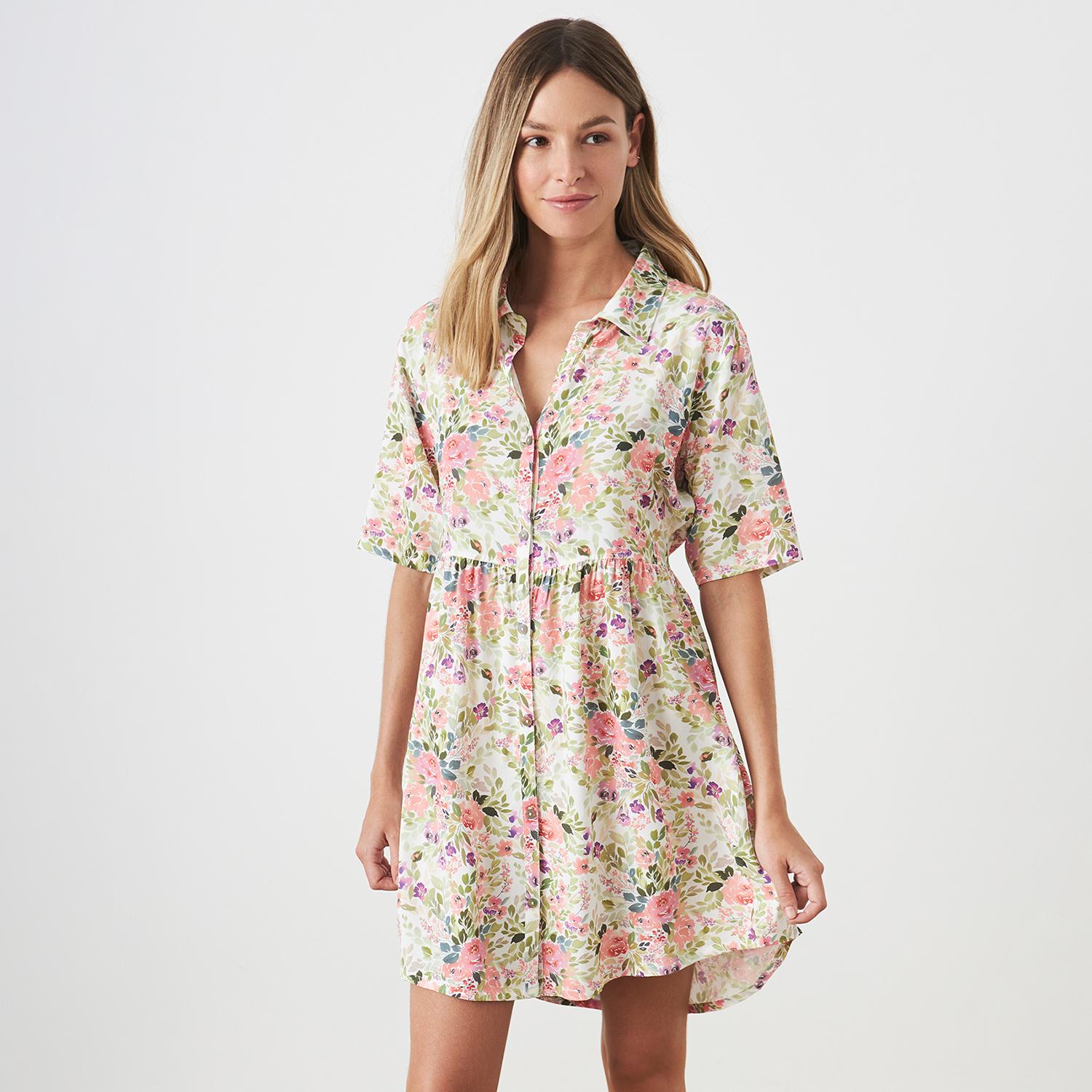 

Женская ночная рубашка с короткими рукавами и воротником с лацканами JJBDH0210