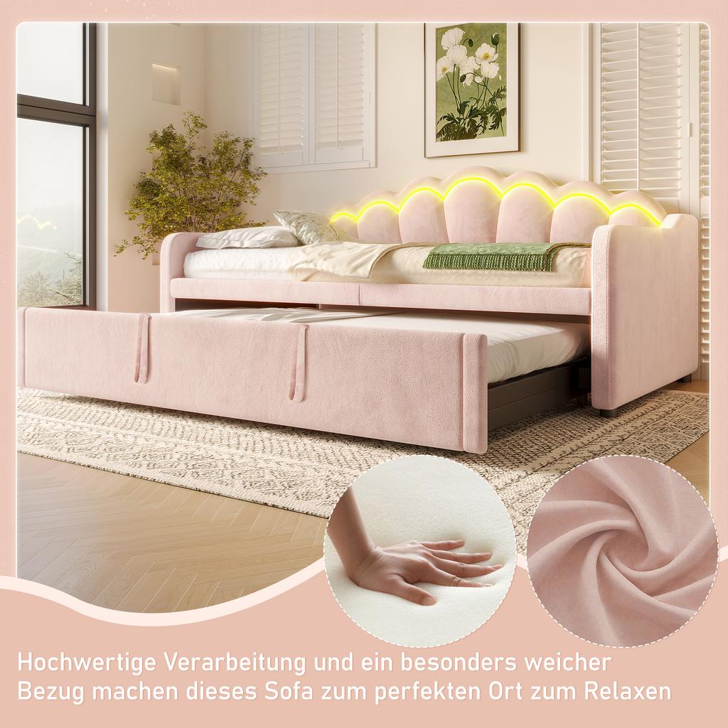 Daybed con Letto Estraibile, Divano Letto, Letto Singolo (Senza materasso), Letto Matrimoniale, Velluto, Striscia LED a Colori Variabili, 90x200cm(180x200 cm), Rosa