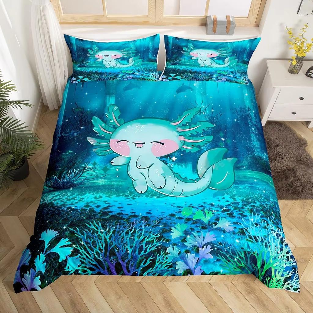 Karton Axolotl Weiches Bettbezug-Set Süßes Salamander-Bettwäsche-Set Kawaii Tierdecke Warme Deckenbezug für junge Jungen junge Mädchen Frauen Schlafzimmer Dekor
