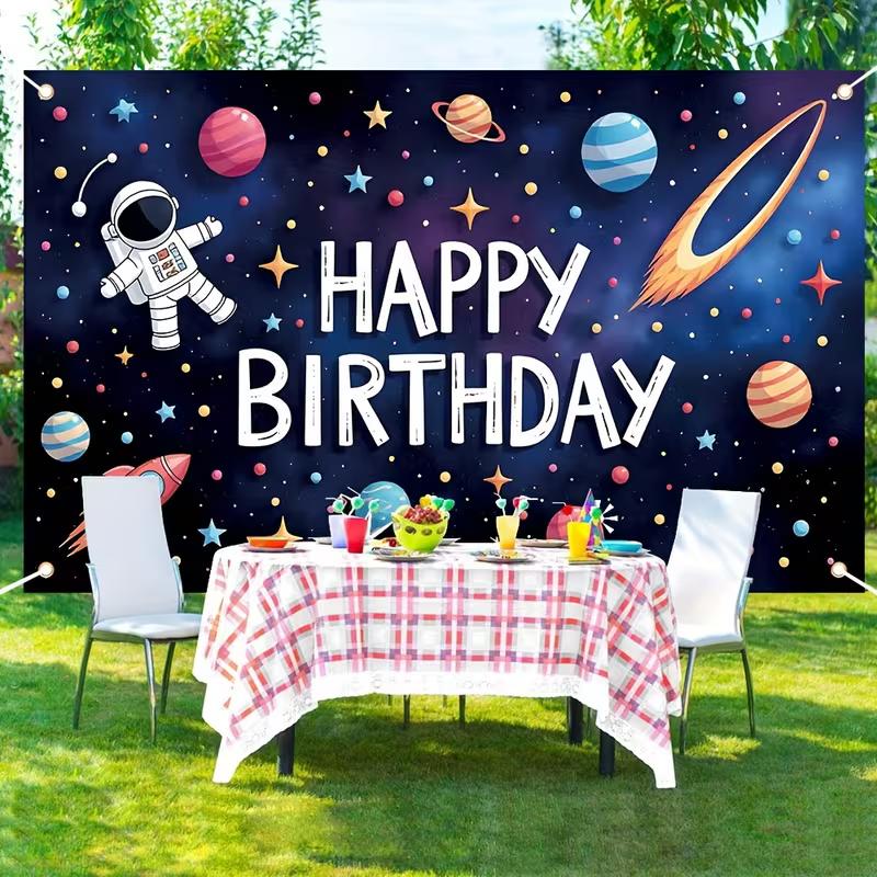 2D Boys Astronaut Birthday Backdrop, Planet & Star Banner, Space Themed Birthday Party Decor