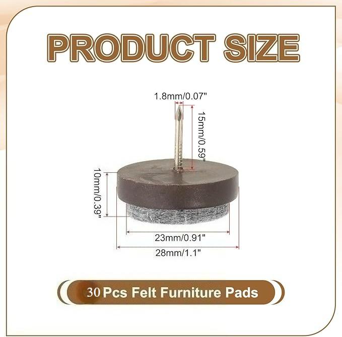Nail-on Felt Pads, 30 Pcs Round Felt Furniture Sliders Pads Heavy Duty Floor Protectors for Wooden Chair Sofa Table Leg Feet