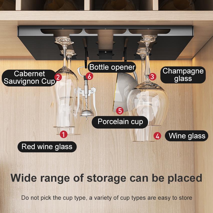 Stainless Steel Under Cabinet Wine Glass Cup Holder Space-Saving Bar Counter Shelf Storage Rack Hanging Hooks Goblet Pokal Stand