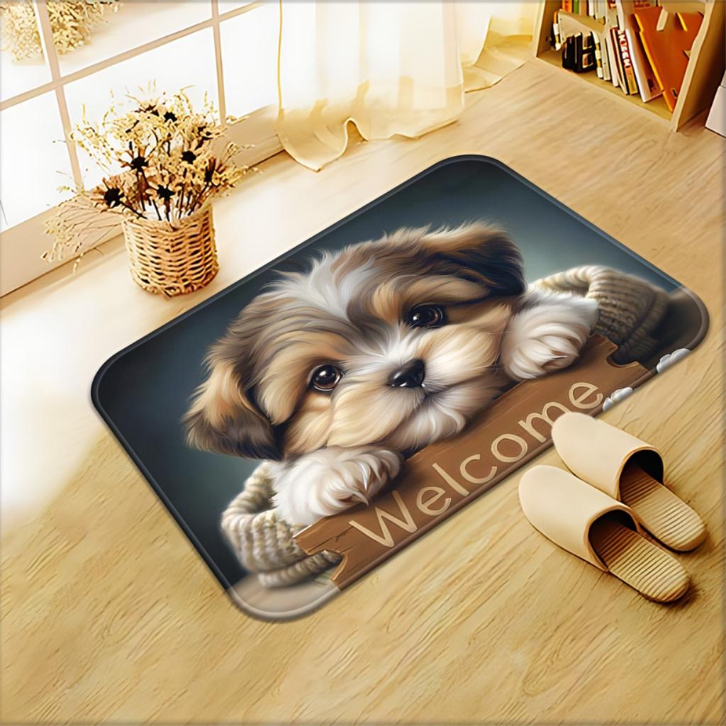 Cute Shih Tzu Dog Welcome Rug - Brown Pet Pattern Floor Mat - Indoor Outdoor Entryway Bathroom Living Room Home Decor Carpet