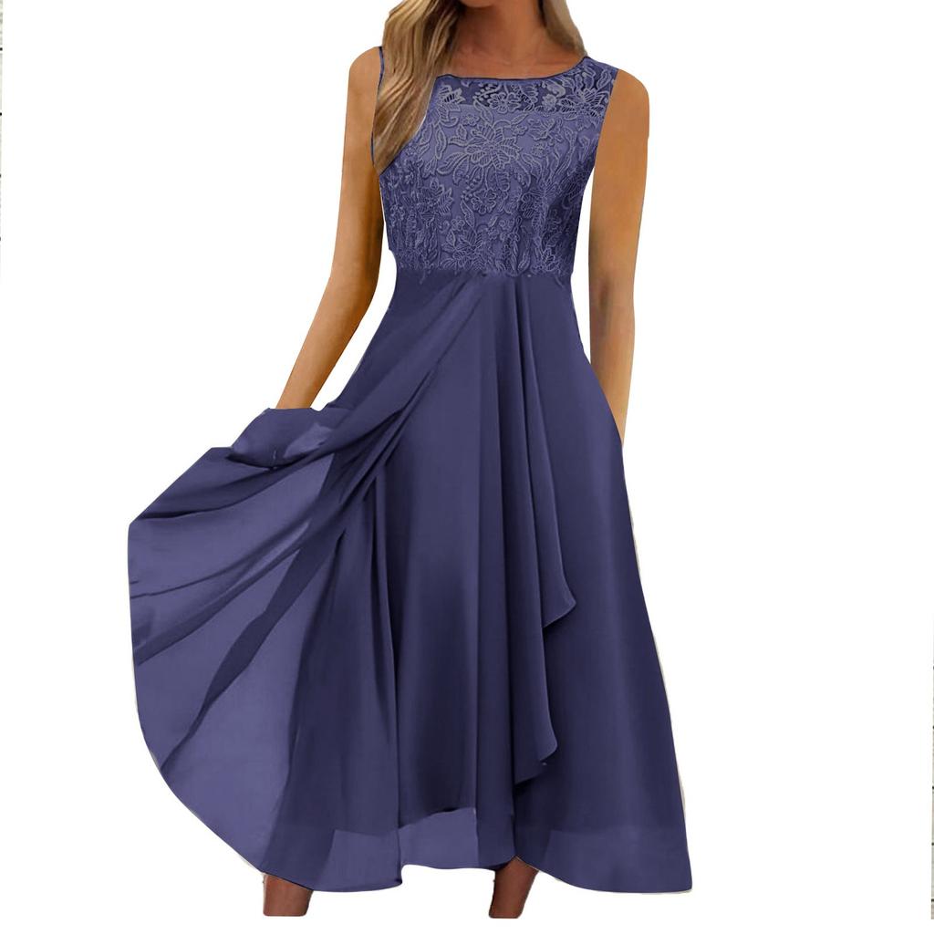 Damekjole Chiffon Elegant Lace Patchwork-kjole Utskjært Ermeløs kjole Brudepike aftenkjole