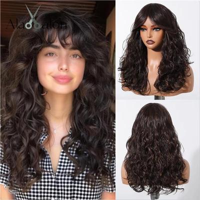 Brown Synthetic Curly Wig with Bangs for Women Natural Highlight Hair for Daily High Temperature Soft Party Wig