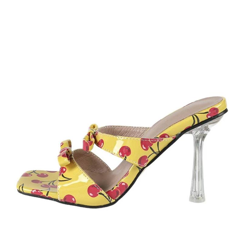 Size 35-46 Black Green Shoes For Women Summer Fashion Fruits Butterfly-Knot Square Toe Transparent Heels Slippers Sandals
