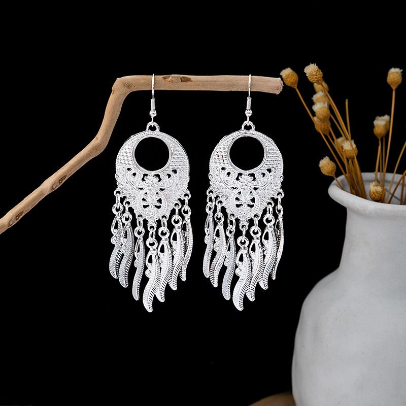 Imitation Miao Silver Ethnic Long Leaf Tassel Dangle Earrings