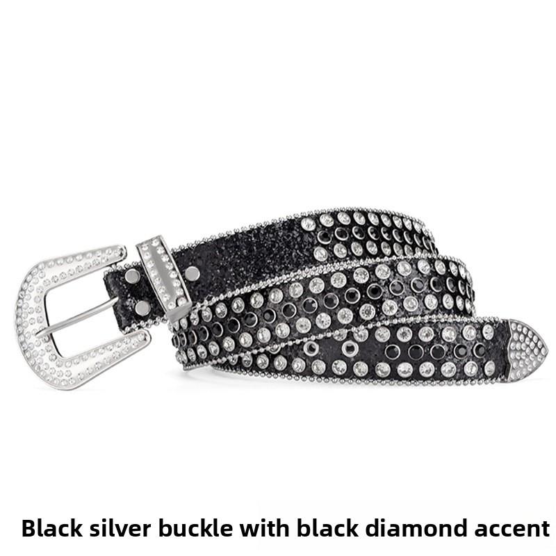 Women's European and American feng shui diamond leather belt, handmade diamond-encrusted fashionabl