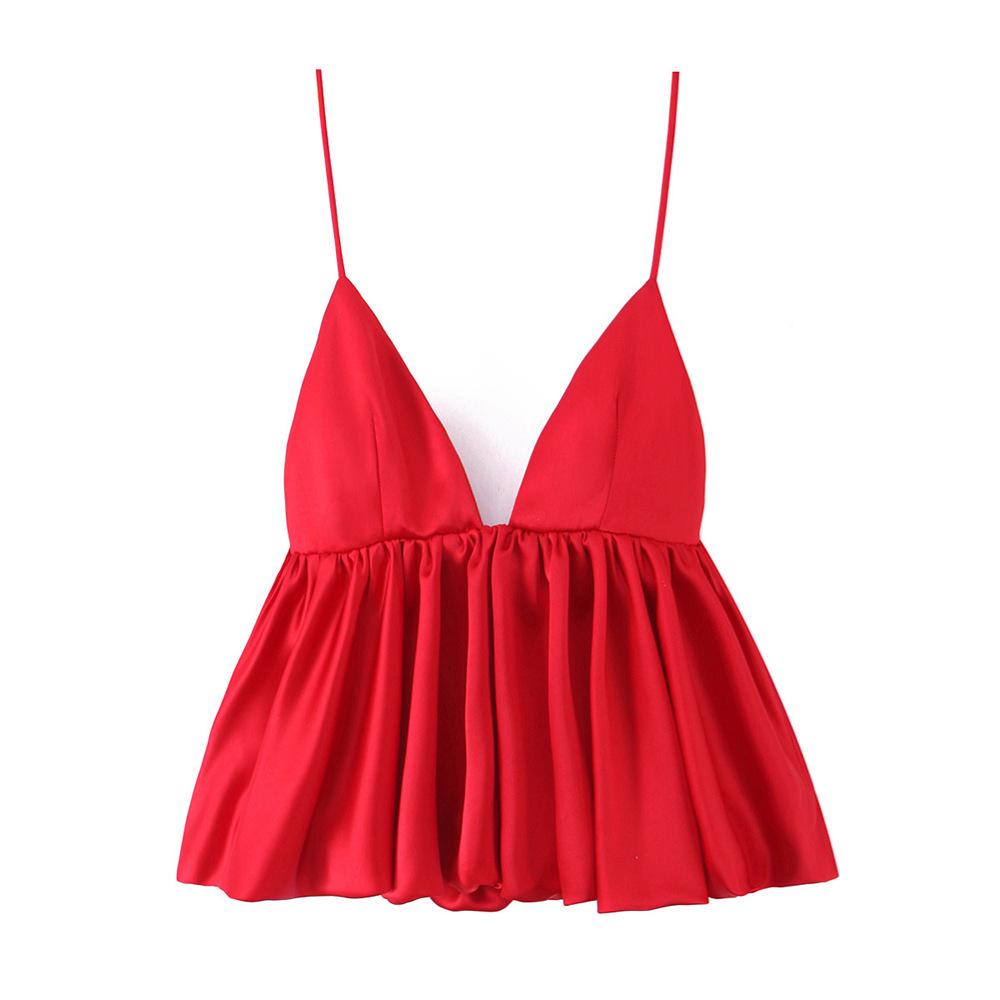 

2025 Spring Women s Slim Silk Satin Puffy V-Neck Camisole Top Extra Small красный