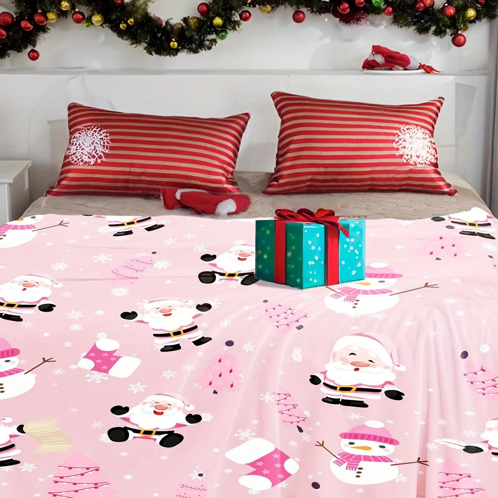 Pink Santa Snowman Christmas Flannel Throw Blanket, Cute Xmas Santa Snowman Print Soft Warm Blanket for Sofa Bed Holiday Home Decor Gift