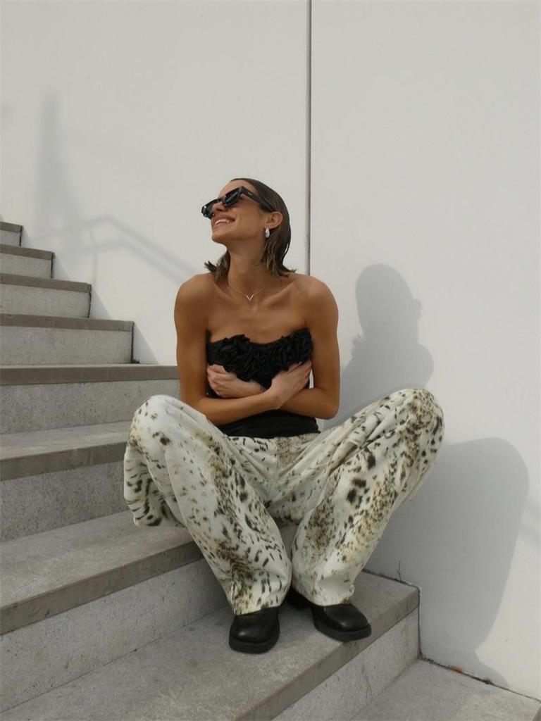 Modische Damen Jeans mit weitem Bein und Leopardenmuster - Retro-Waschung, Bodenlang, Locker, Lässig, Streetwear