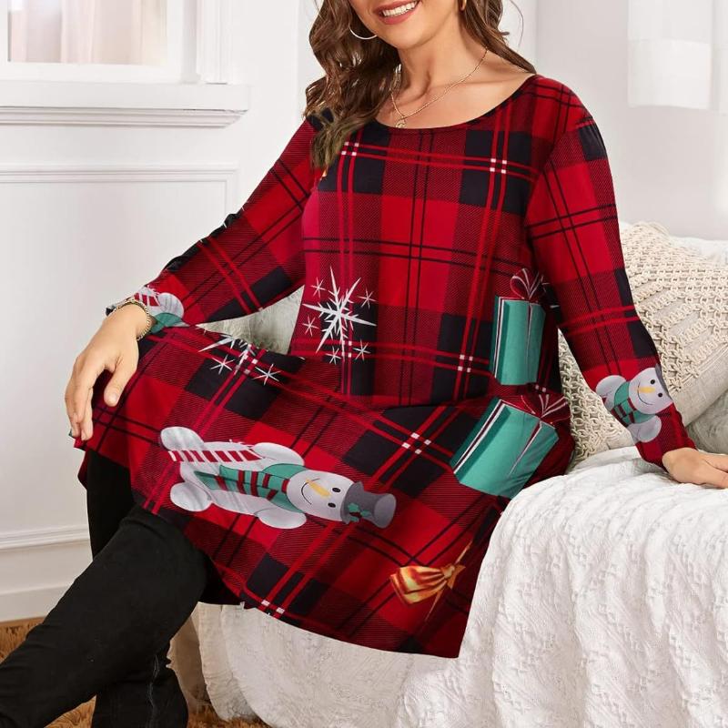 Women's Fashion Christmas Print Midi Sleeve Plus Size Dresses
