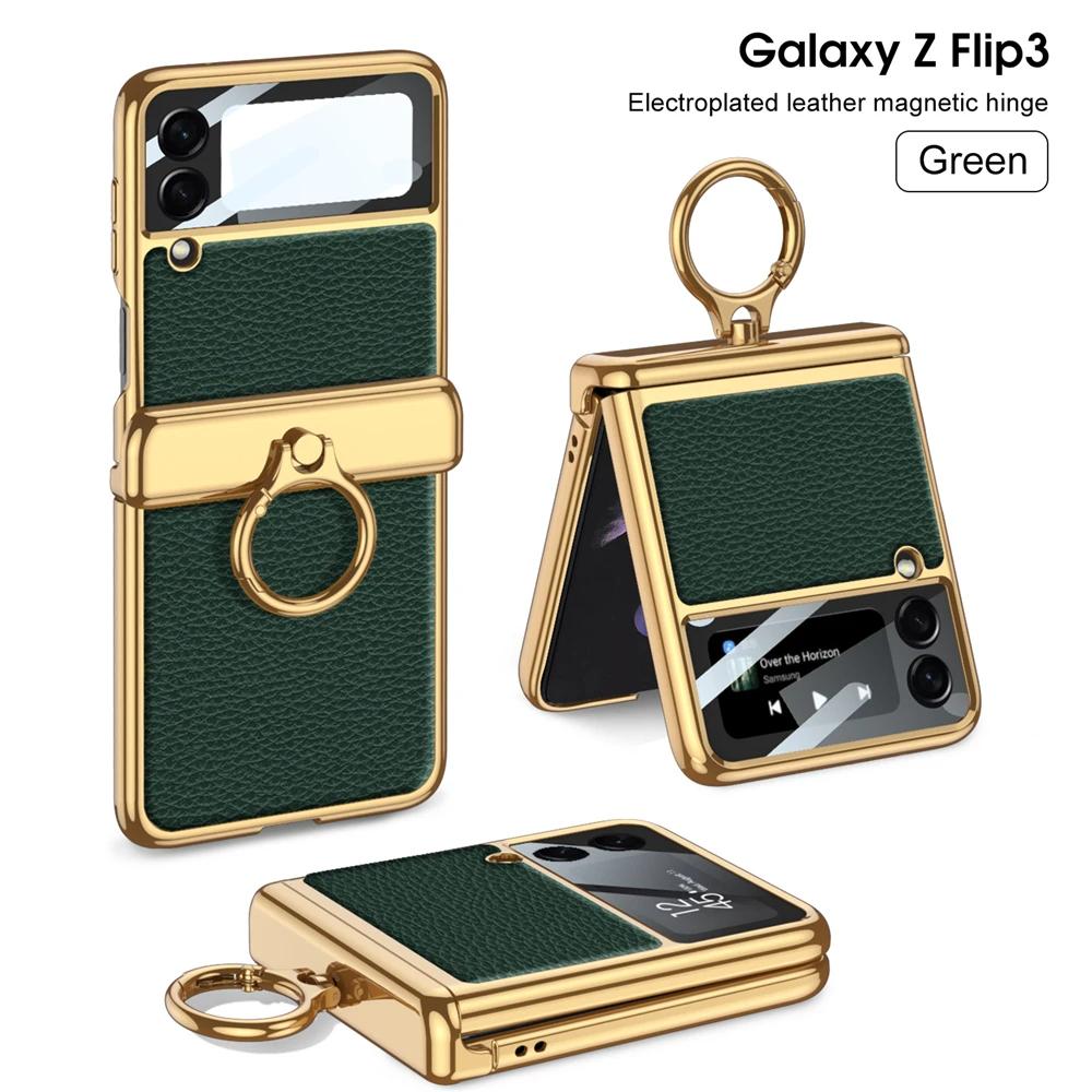 Pro Samsung Galaxy Z Flip 3 4 5 6 Pouzdro Ultratenká Ochrana Obrazovky Coque Fundas Luxusní Kůže s Kroužkem Pokovení Magnetický Kryt