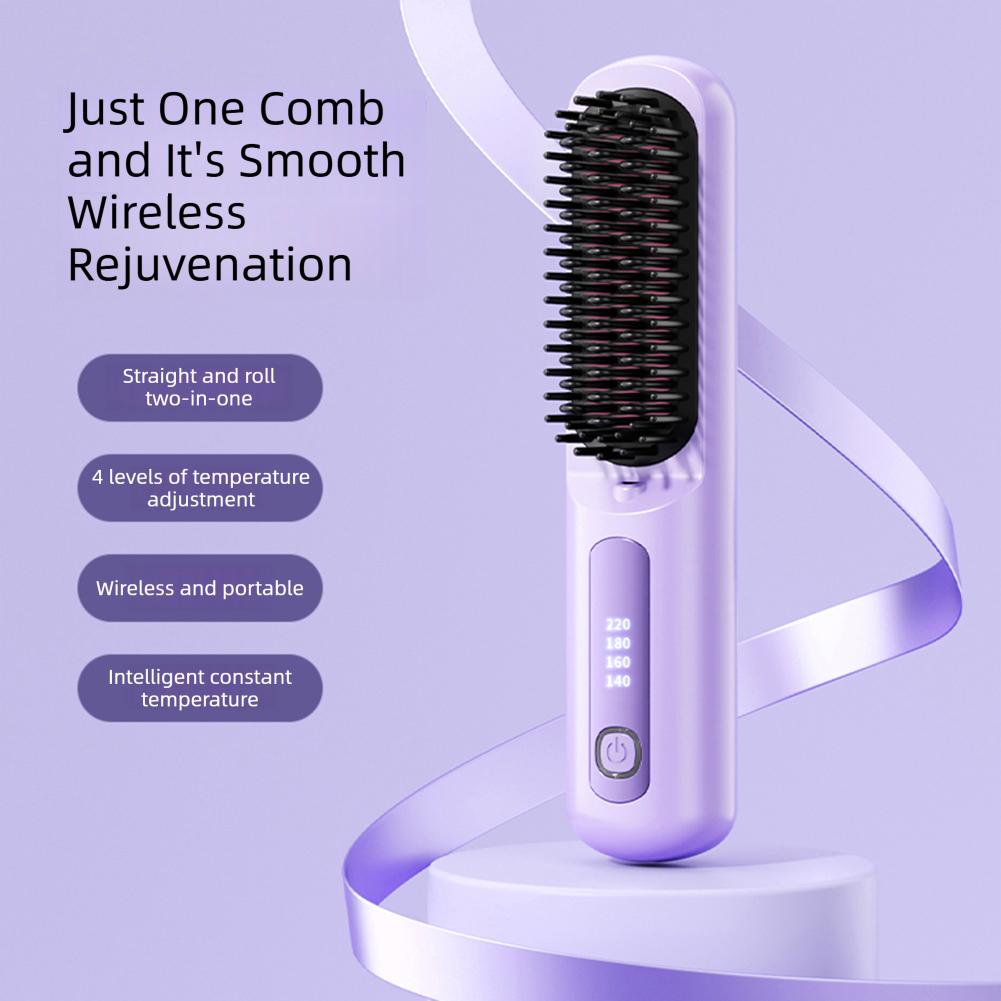2 In 1 Mini Hair Straightener Brush Fast Heating Anti-Scald Cordless Straightener Brush Hair Flat Iron Curler Girl Combing Hair