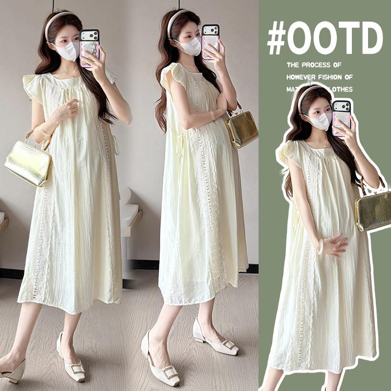 Trendy Summer Maternity Dress: Loose Fit, Plus Size, Flutter Sleeve, French Style Long Skirt XL